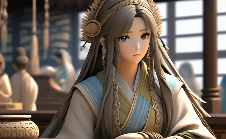 A poor womansat on a cloth store cash counter,face and eyes on right side, beautifully dressed, in ancient times, 3D, realistic anime character, extremely detailed face and eyes, long flowing hair, intricate details, photorealistic, cinematic lighting, mut...