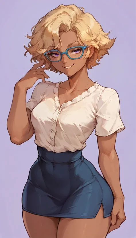 (solo) female , blond short hair, woman, attractive ,edgCT, blouse, wearing edgCT, chic top, pencil skirt, blue glasses, skinny body, freckles, freckles on face, smug eyes, (happy expression), she is standing , violet background, simple background, thick t...