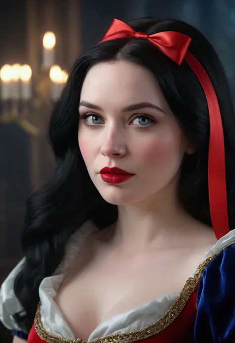 a beautiful young snow white, detailed portrait, face focus, red lips, black hair, red ribbon, pale skin, rosy cheeks, fantasy, high quality, 8k, detailed, photorealistic, glamorous, elegant, intricate, dramatic lighting, moody, cinematic, glowing skin, vo...