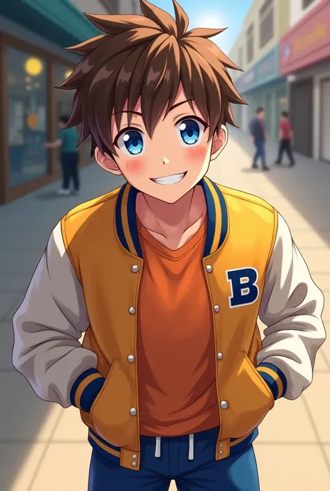 anime character, Male, high school, student athlete, high school football varsity jacket for quarterback, light orange shirt, blue sports cargo pants, Nice brown hair, blue eyes, detailed eyes, detailed face, sport sneakers, smile, close up view, mall back...