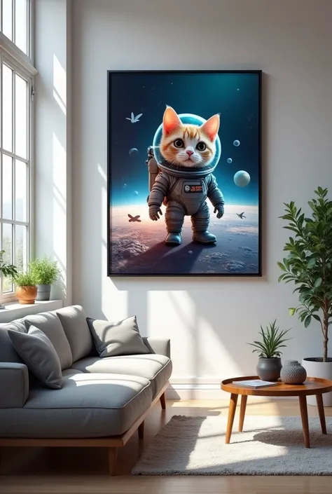 "Create a mockup of wall art featuring a 2048 x 4096 pixels image of a cute, futuristic cat dressed as an astronaut, titled Space Cat Explorer. The artwork is framed in a sleek black frame and hangs centered on a light gray wall in a minimalist living room...