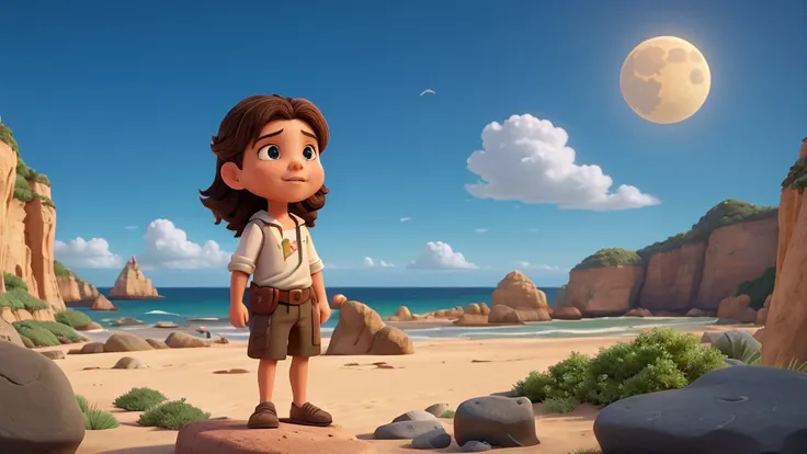 Jesus preaching to a crowd, from above a rock, on a beach , with boats at sea, the exuberant Moon in the spectacular blue sky. Create a highly detailed 3D rendering of a biblical scene in the style of Pixar/Disney. The characters should have consistent app...