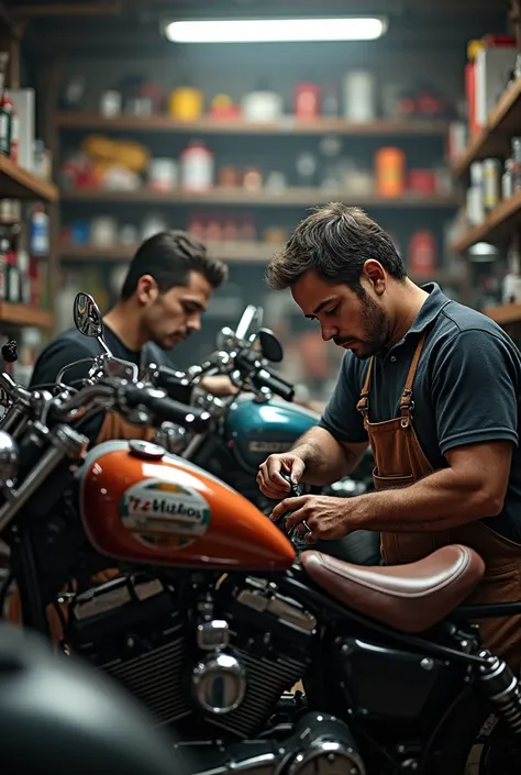 mechanics performing motorcycle maintenance in a Brazilian workshop called f2motos