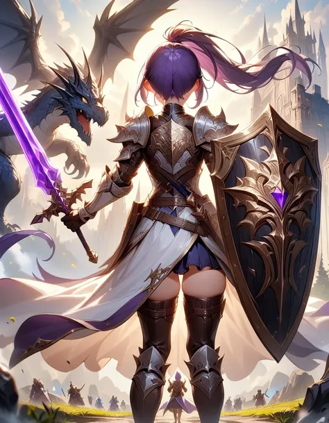 1girl.purple ponytail hair,from behind,facing away,Sword and shield,fantasy,confronting dragon,masterpiece, best quality, very aesthetic, absurdres