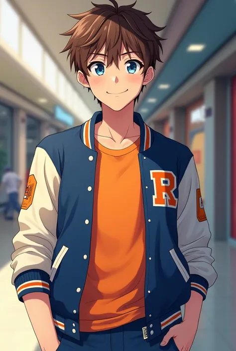 anime character, Male, high school, student athlete, high school football varsity jacket for quarterback, light orange shirt, blue sports cargo pants, Nice brown hair, blue eyes, detailed eyes, detailed face, sport sneakers, smile, close up view, mall back...