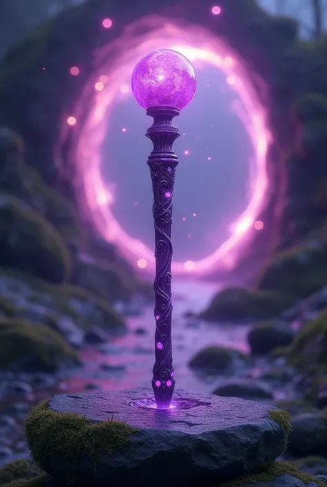 Purple magic wand on a stone with a magic portal 