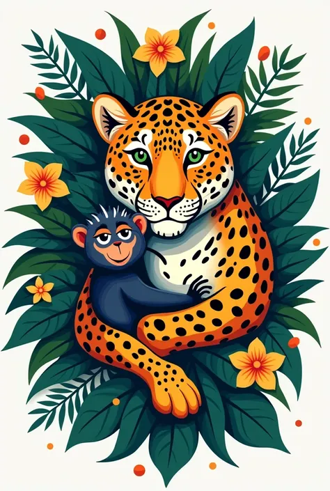 Create a logo with the theme "Biomes of Brazil: diversidade, knowledge and social studies"
using elements such as jaguar spots, lion tamarin doctorate, flowers and leaves of Brazilian flora