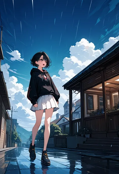 anime、((Amazingly absurd)),(masterpiece:1.2),超High resolution, Attention to detail, high quality, High resolution, 最high quality, 4K, 8k、Crying girl、Look up at the sky、Girl、Dark sky with thick clouds、after a heavy rain、Sunshine shining through dark clouds、...