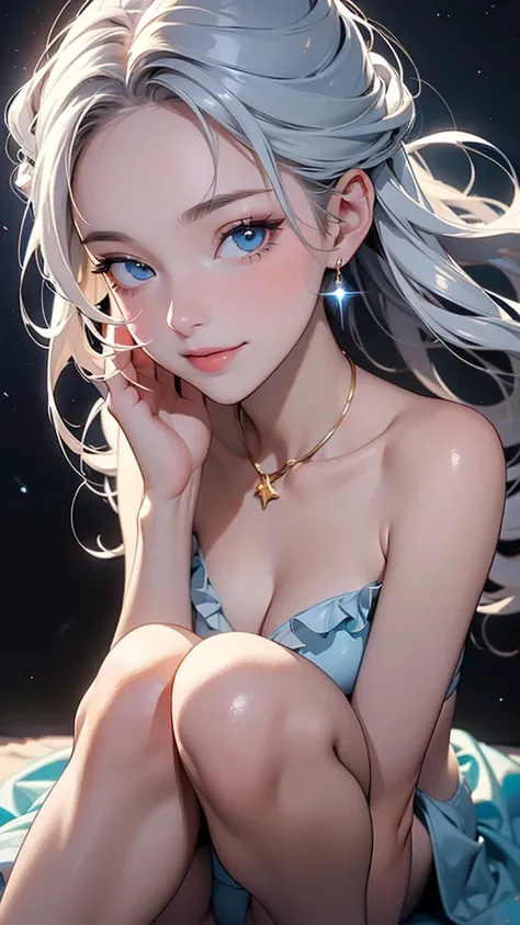 (High Resolution, Masterpiece, Accurate, Anatomically Correct, Portrait Style, Knee to Head Composition, Close-up of Face), A serene young woman with pale blue eyes, smiling with a beautiful gentleness. She is wearing a silver bikini with golden lightning ...