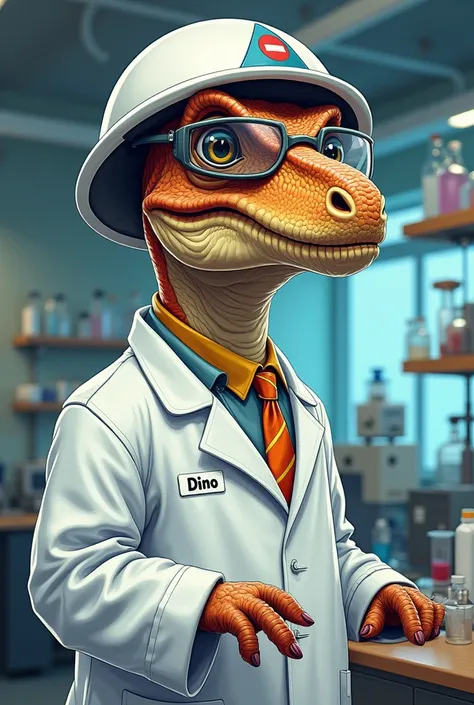 A dinosaur with a white chemical engineer helmet and glasses and a white lab coat in a real colored drawing in a laboratory and with a name in the image that says DINO 