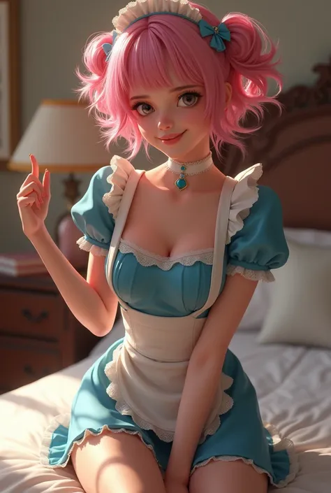 (Realistic), ((high resolution)), selena gomez as maid, short pink curly hair with bangs, pigtails, short blue dress, in bedroom