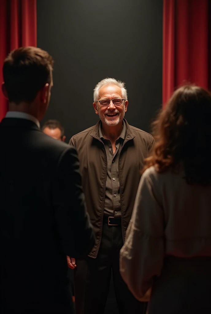 (photorealism:1.2), 50-year-old man, Tez blanca , being flattered by the jury, auditioning, In a theater, on the stage, disguised, the best, very happy, being chosen for a play