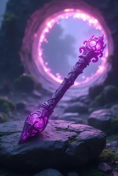 Purple magic wand on a stone with a magic portal 