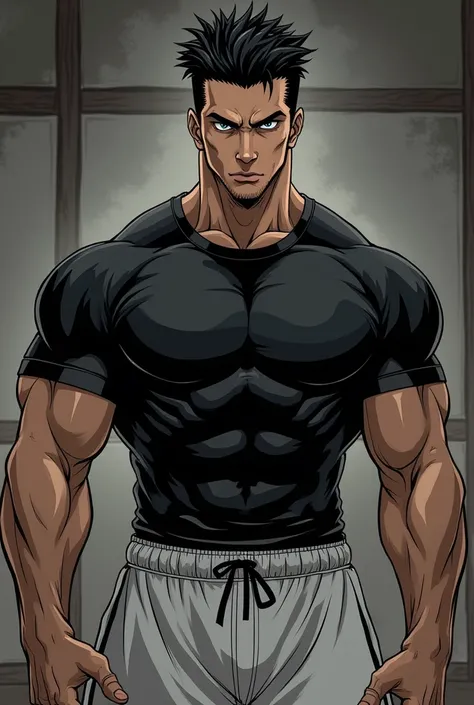 Un personnage de manga inspiré de toji fushigoro de jujutsu kaisen ayant la même musculature de teint noir avec des cheveux noir très court en dégradé africain et qui porte un t-shirt compression noir et un jogging blanc à la salle de sport 