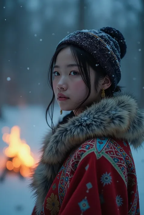 /imagine prompt: A cinematic photo of a close up face Mongolian female looking camera,wearing a traditional winter robe, standing in a snowy landscape at night. The robe is intricately patterned with vibrant colors and textures. Soft snowflakes fall gently...