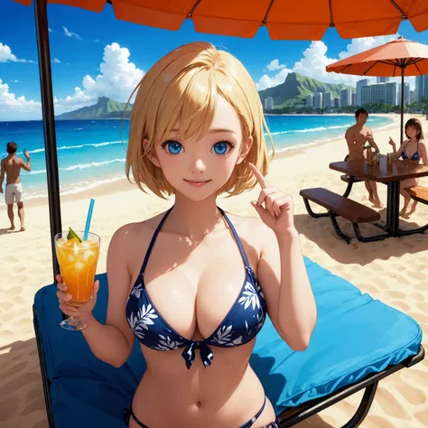 Masterpiece, top quality, highly detailed, extremely detailed, ultra-realistic, delicate anime style illustration, cinematic lighting, Hawaii in mid-summer, strong sunlight, drinks stand on Waikiki Beach, shaded seating, cheerful young woman with short blo...