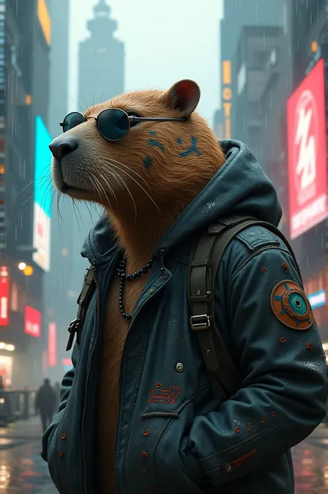 An adult capybara is in a cyberpunk city, in the rain. He is wearing a cyberpunk style jacket.The capybara has a modification in its right eye and many scars. in sunglasses