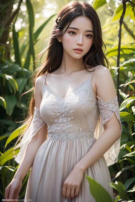 A gorgeous girl with a cute face, long flowing hair, beautiful detailed eyes, beautiful detailed lips, extremely detailed face, delicate features, soft skin, serene expression, elegant dress, standing in a lush garden, sunlight filtering through the trees,...