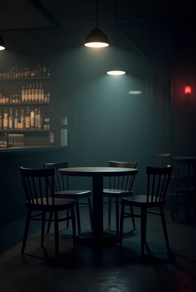 an empty bar with the counter and drinks in the background, but a table with 4 chairs in front
