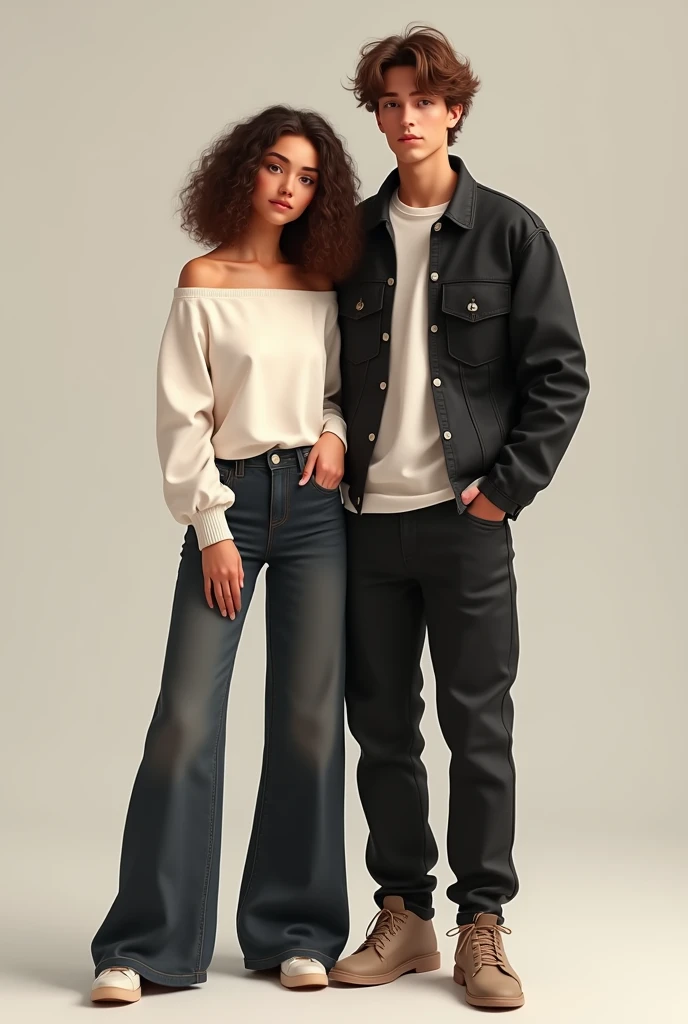 Create a brunette girl,  cinnamon skin with shoulder-length curly hair, off the shoulder top , white color and wide denim jeans. And a boy dressed in a black cotton jacket and black jeans