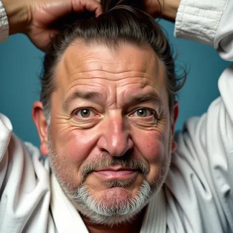 landscape photography of a overweight old man as a ((teacher)) with ((ponytail hair)) wearing (edwardian clothes),  dressed in white karate uniform,  colored belt,  blue gradient,  studio setting,  no visible objects,  standing upright,  arms raised,  hand...