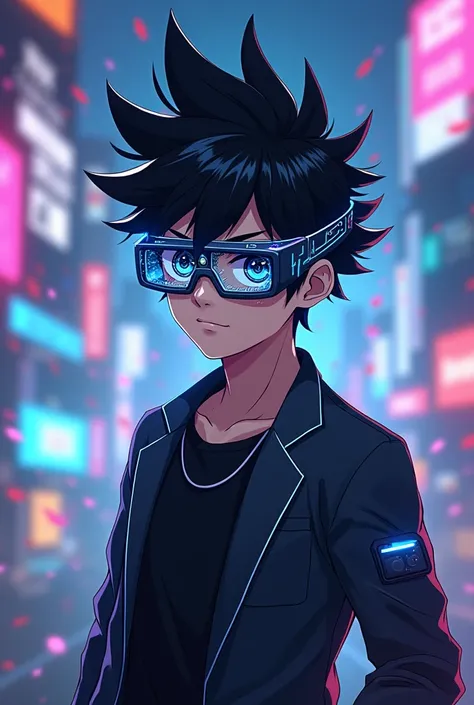 A guy with black hair in virtual glasses, anime.
