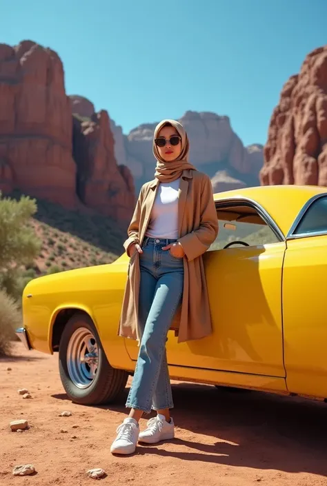 Realistic photography.  side view Professional model photoshoot, young Indonesian woman. wearing a hijab in casual clothes. sunglasses sneakers, styled like a professional model,  Hotrod yellow  car. atmosphere at the grand canyon. arid. lots of cactus. Ul...