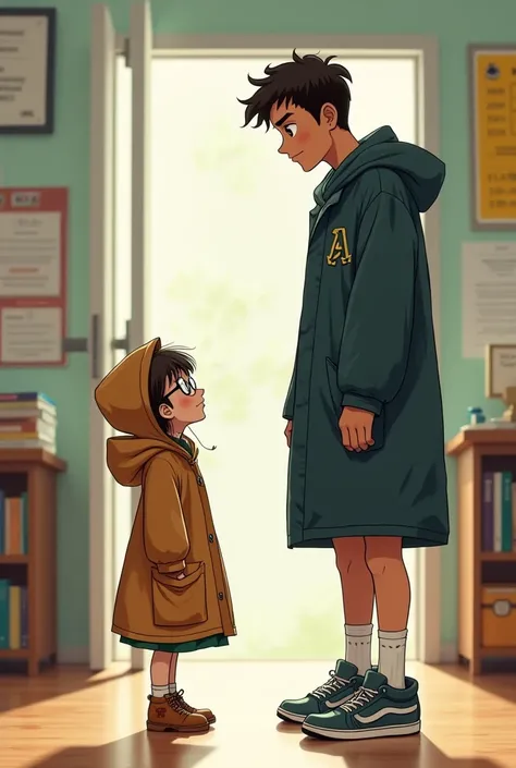 A short girl with glasses and a big hooded coat facing a tall basketball player boy, In school