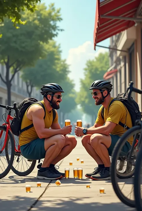 Two chubby cyclists sitting on the sidewalk, chatting tiredly, their bikes beside them and beer glasses thrown around 