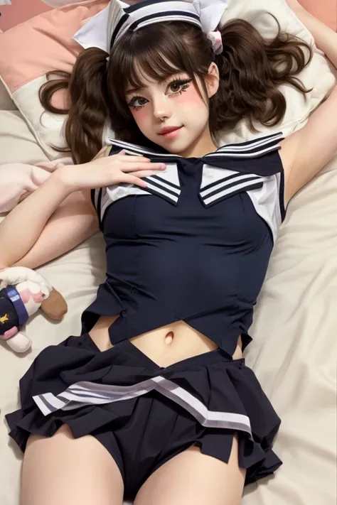  A girl with ，little ，elementary school students，Beautiful，kawaii，very transparent，(Transparent Sailor Suit|1.2)，showing belly，bedroom，Lying on the bed，open legs,hug，