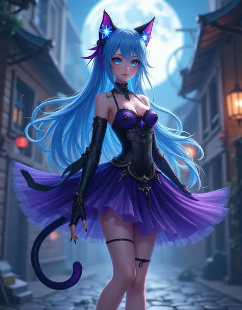 Jegesdi as a beautiful catgirl, detailed anime girl, detailed facial features, beautiful blue stars in eyes, cute cat ears, elegant cat-like pose, intricate cat-like outfit, fantasy background, moonlight in the alley, highly detailed, cinematic lighting, p...