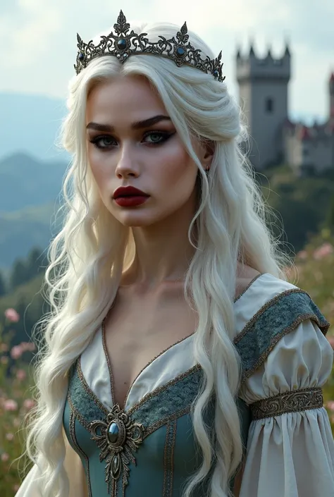 Princess of medieval times, with long white hair, bright blue eyes, Pele branca como a neve, dark wine lipstick, a small crown on the head.