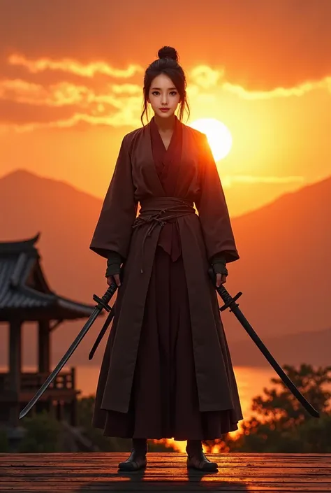 ((upper body)),

A female samurai standing on a wooden platform during sunset, preparing to draw her katana. She is dressed in traditional dark, muted samurai robes, with a deep maroon inner kimono visible beneath the outer layers. Her hair is tied back in...