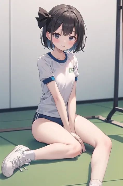 (((((whole body)))))、Youmu, Very cute gym clothes 、smile,、Cowboy Shot、Sitting on the floor、With legs apart、Both hands on the floor、Simple Background、