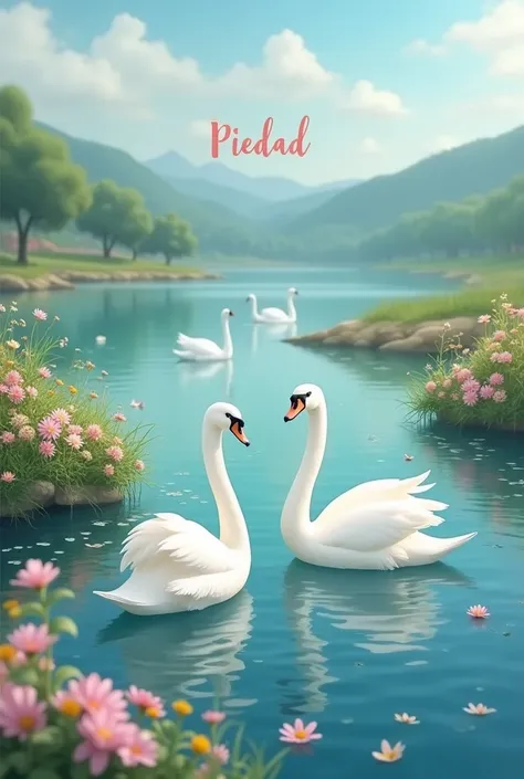 An image in the background with beautiful swans with the name PIEDAD 