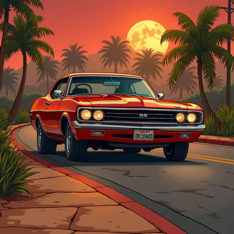 perfect vintage car, palm trees, Marine Drive, GTA Vice City в стиле, night atmosphere, 80&#39;s, Hawaii, Retro comic style illustration(front view)