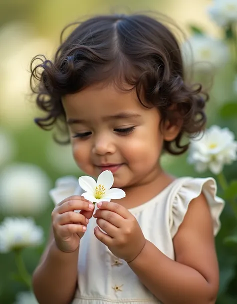 Create UHD photorealistic realistic photo, no animation, no 3d image, no pixar style animation, no extra fingers. A 12-month-old French-Moroccan baby girl with dark curly hair, smelling a jasmine flower. Bright natural light, captured with a 100mm f/2.8 ma...