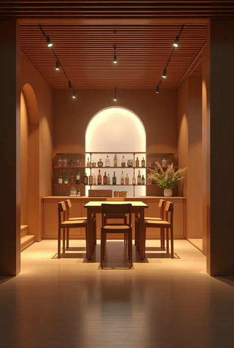 an empty bar with the counter and drinks in the background, but a table with 4 chairs in front, make a well-lit wooden environment, but without windows in the place, something very spacious
