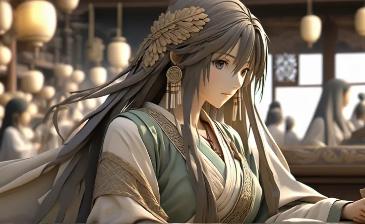 A poor womansat on a cloth store cash counter,face and eyes on right side, beautifully dressed, in ancient times, 3D, realistic anime character, extremely detailed face and eyes, long flowing hair, intricate details, photorealistic, cinematic lighting, mut...