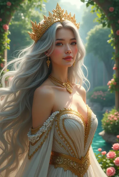 A beautiful queen in garden full of nature, realistic, best quality, silver hair, super long wavy hair, smiling, extremely gorgeous, with queen outfit, blush, 4k wallpaper, extreme details, gold accessories, beautiful crown, glow, artistic, sensual 