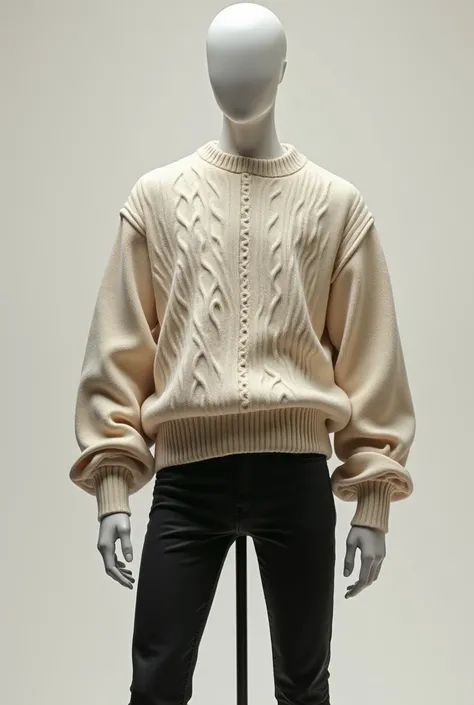 Photorealistic digital (absurd, High resolution, Super detailed), young slim male mannequin clothing detail: black skinny dress jeans,  Nude Colored Oversized Cable Knit Sweater (top page).