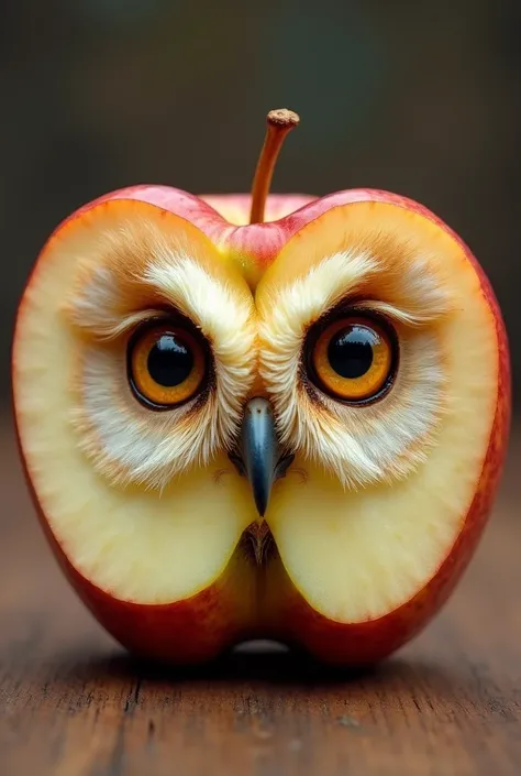 Owl face reproduced on a halved apple.