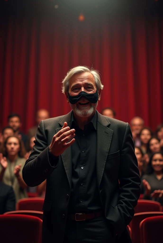 (photorealism:1.2), 50-year-old man, Tez blanca, being flattered by the jury, auditioning, In a theater, on the stage, disguised with a mask, It was the best of all, He is very happy, and was chosen for a play, applauded by the public.