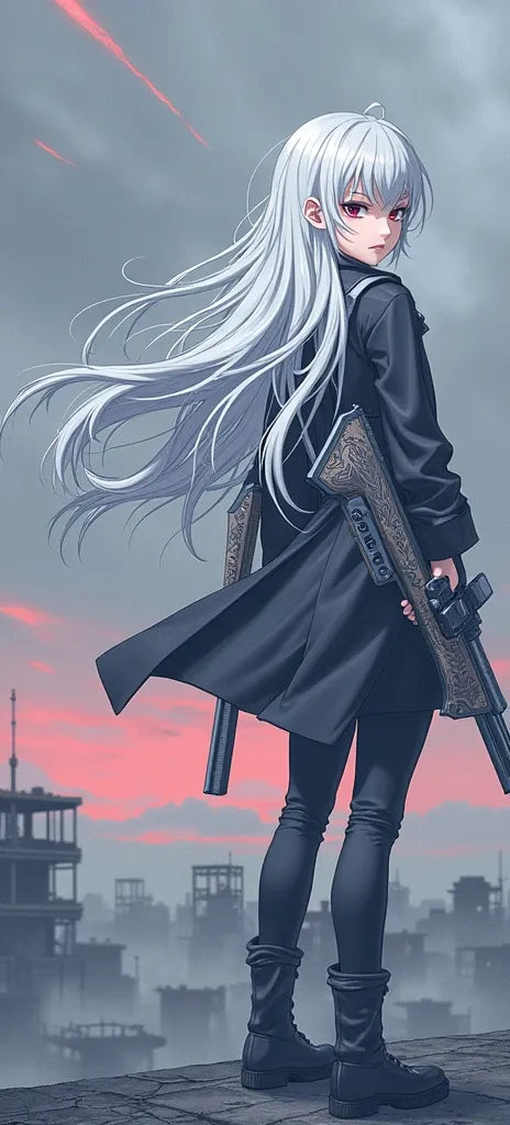 The disheveled and glossy silver hair that reaches waist length in the camera floats in the wind, wearing a simple black hunting coat, black military pants, and black boots. A stunning young girl with red eyes and an impressive figure stands at a 45 degree...