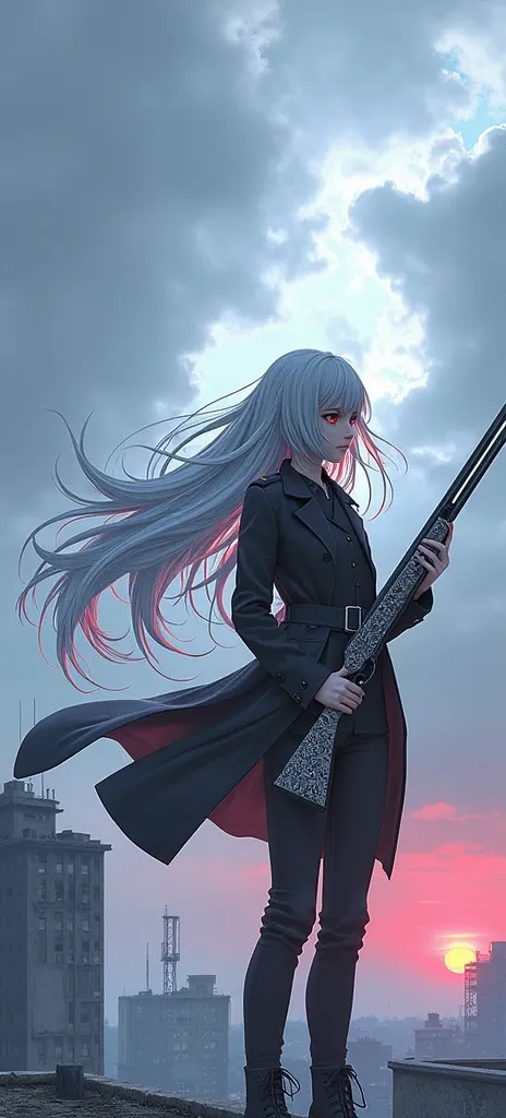 The disheveled and glossy silver hair that reaches waist length in the camera floats in the wind, wearing a simple black hunting coat, black military pants, and black boots. A stunning young girl with red eyes and an impressive figure stands at a 45 degree...