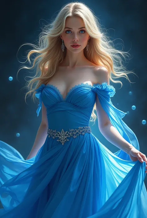 realistic drawing, an extremely beautiful 20 year old woman, blonde hair, blue eyes, small nose, full lips, very feminine features, with a blue silk dress, dark bright background , phosphorescent light 