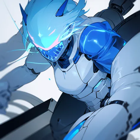 Make a male latex monster using a protogen suit with blue LED and the body is almost entirely made of plasma and the rest is made of white latex. Blue hair., blue eye plasma and releasing rays and plasma in a laboratory Anime style, 