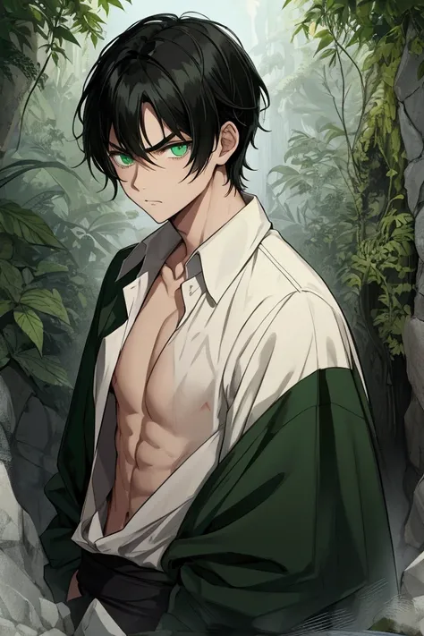 Green-eyed boy with black hair and a bit of blonde, with a lost look and serious