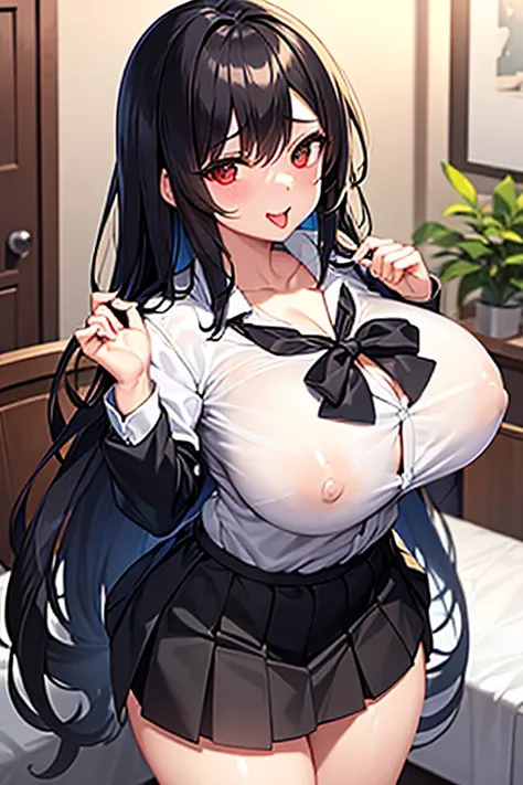 Long black haired girl with big boobs,in her room without a bra showing her nipples, just wearing a schoolgirl skirt, with your tongue out 