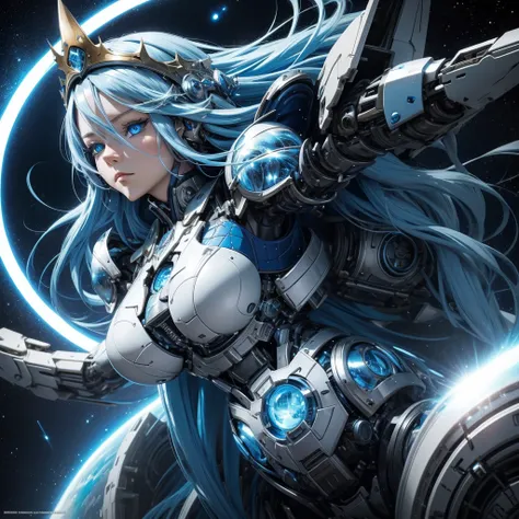 Anime style adult woman long blue hair,  with blue eyes too, On her head she has a helmet that looks like a crown, her body is mechanical, her belly has exposed skin, her armor is blue with light blue and black around it there are white crystals forming a ...